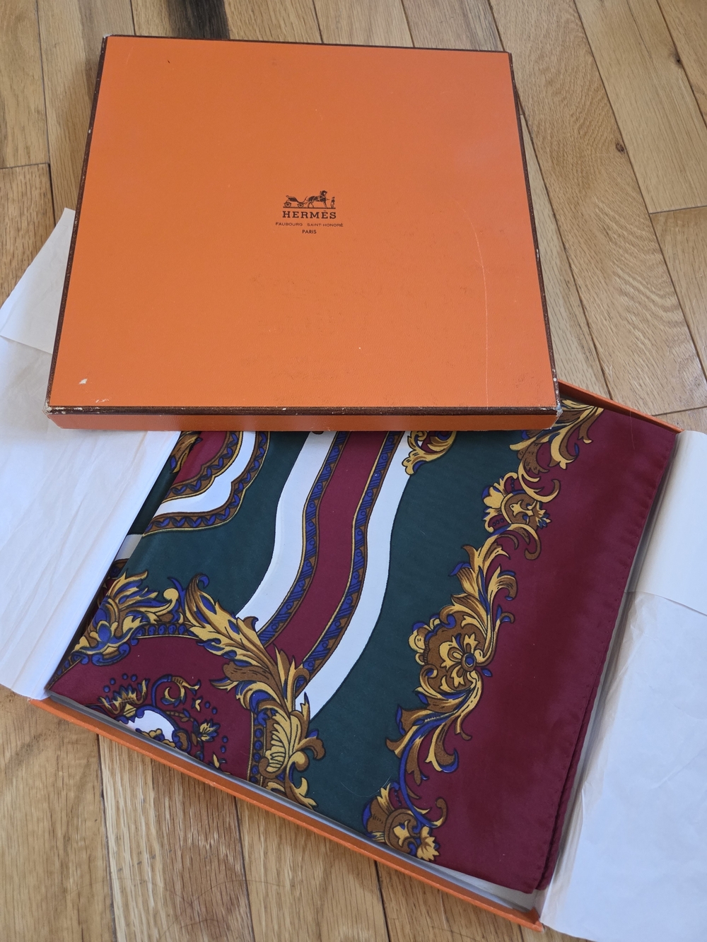 Hermès Paris Carré 90 Vintage Silk Scarf w/ Box • Jewel Tone Baroque Print